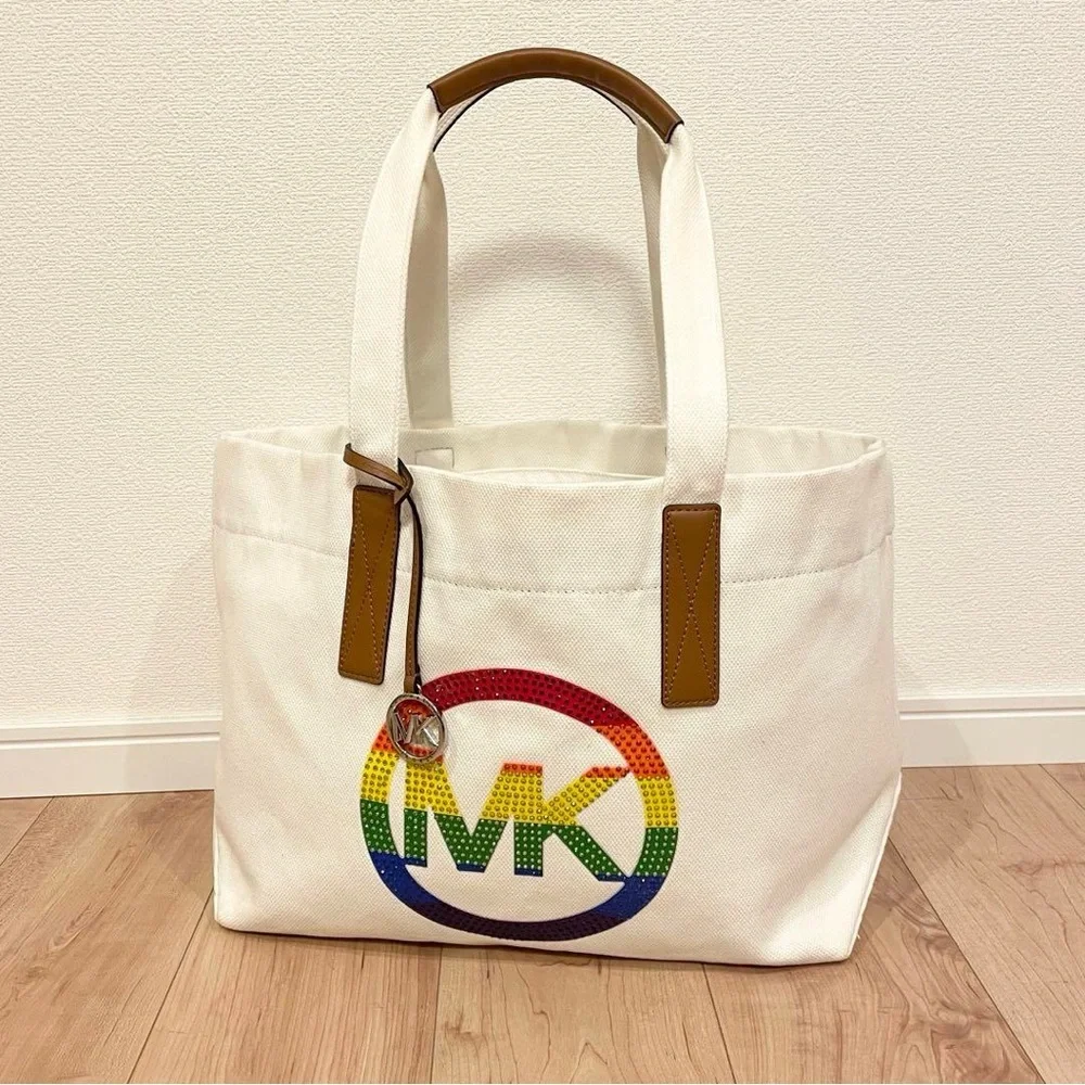MICHAEL KORS LARGE EMBELLISHED LOGO CANVAS TOTE BAG - Picture 1 of 12
